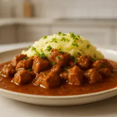 Gulasz z mięsa, idealny do marynowania, podany z purée ziemniaczanym i posypany natką pietruszki.