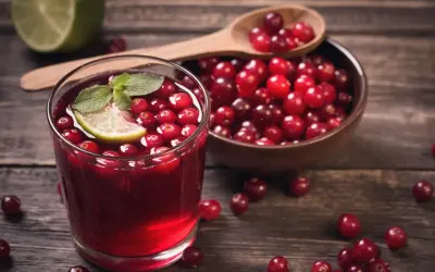 Orzeźwiający syrop z żurawiny z plasterkiem limonki i miętą w szklance, obok miseczka pełna owoców.