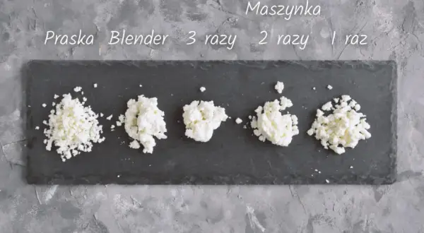 Kolaże sera zmielonego na sernik różnymi metodami: praska, blender, maszynka 1, 2, 3 razy.